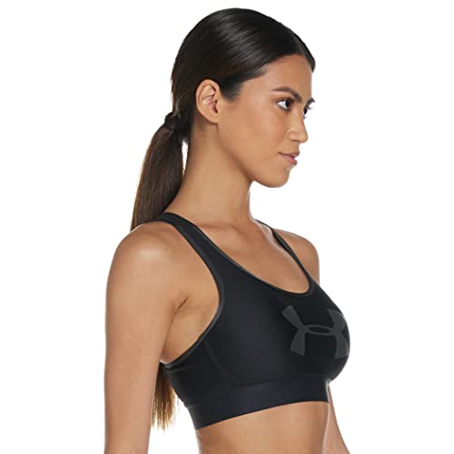 Under Armour Armour Mid Keyhole Graphic, Ropa Deportiva de Mujer para Correr, Sujetador Deportivo para Mujer con Espalda Cruzada y Logotipo Mujer, Black/Jet Gray/Jet Gray, S