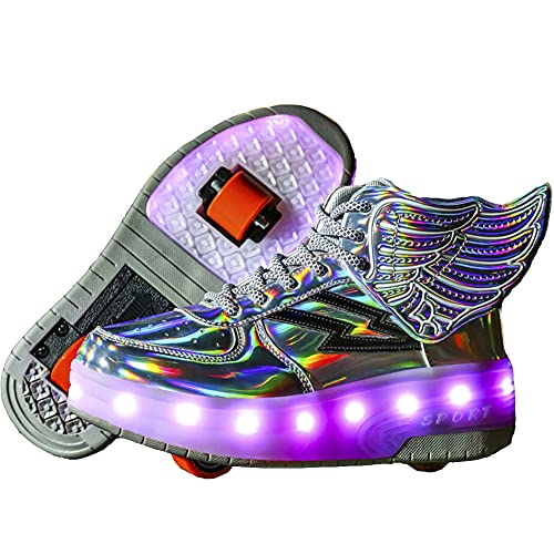 Unisex Niñas Niño Patìn Zapatos,Zapatillas Recargable por USB LED con Ruedas,Doble Individuales Ronda,Ruedas Ajustables, Skate de Calzado de Deportes de Exterior