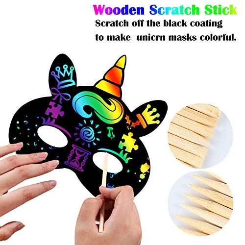 vamei 24pcs Scratch Art para Niños Máscaras Unicornio Niños DIY Máscaras Dibujo Scratch Art Láminas para Rascar Piñata Unicornio Creativas Papel Dibujar Paper Halloween Navidad Máscaras para Niños