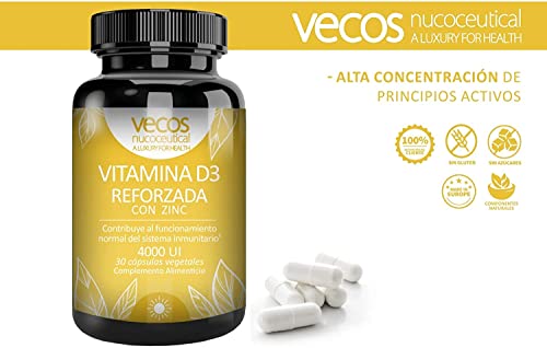 Vitamina D3 con Zinc para Reforzar el Sistema Inmunológico - 30 Cápsulas Vegetales - Contribuye al Mantenimiento Normal de los Músculos - Propiedades Antioxidantes