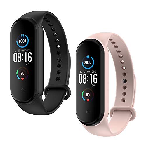 WD&CD 2 Pack Correa de Silicona Compatible con Xiaomi Mi Band 5 de Reloj, Muñequera Ajustable Banda de Reloj para Xiaomi Mi Band 5, Negro + Rosado