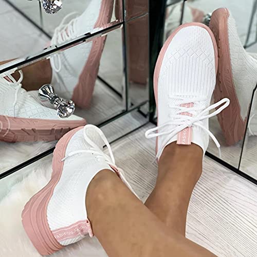 YANFANG Zapatos Casuales de Gruesa Plataforma,Zapatillas De Mujer Fondo Grueso Color SóLido Altura Zapatillas Deporte,Zapatos Casuales Transpirable Cordones CuñAs Aire Libre Deporte,40,Rosa