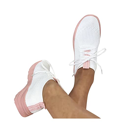 YANFANG Zapatos Casuales de Gruesa Plataforma,Zapatillas De Mujer Fondo Grueso Color SóLido Altura Zapatillas Deporte,Zapatos Casuales Transpirable Cordones CuñAs Aire Libre Deporte,40,Rosa