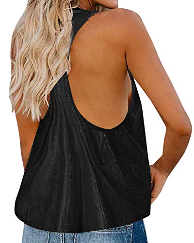 YOINS Camiseta sin mangas con lentejuelas brillantes para mujer, cuello en V, sexy, chaleco suelto, camisola de fiesta, Negro, XL