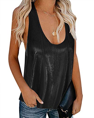 YOINS Camiseta sin mangas con lentejuelas brillantes para mujer, cuello en V, sexy, chaleco suelto, camisola de fiesta, Negro, XL