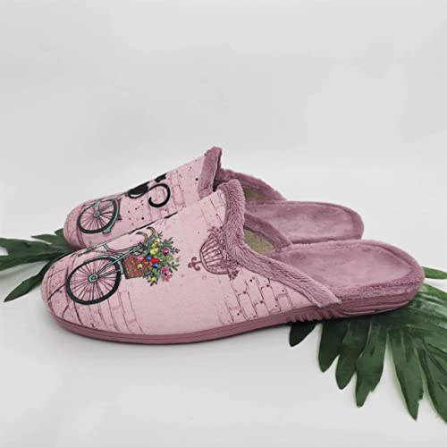 Zapatillas Casa Mujer Fantasía Invierno | Chinela Juvenil Dibujos Plana Abiertas y de Calidad Hechas en España - Antideslizante (Gato Bicicleta, Numeric_41)