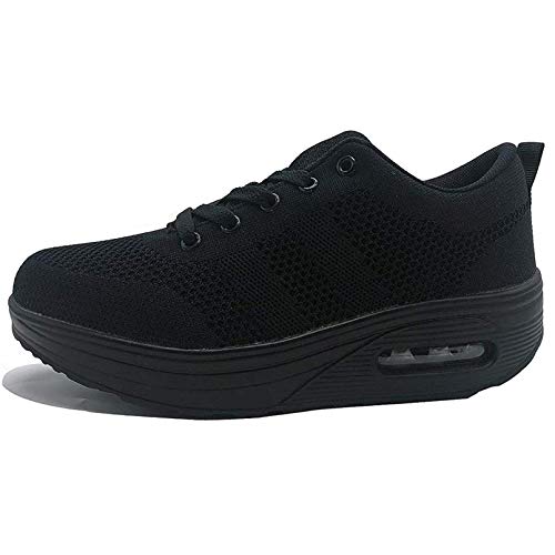 Zapatillas cuña Mujer Deportivas cuña Mujer Zapatos Deporte Gimnasio Zapatillas de Running Ligero Sneakers Cómodos Fitness Zapatos de Trabajo Negro Q 43EU